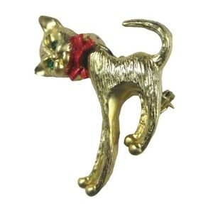 Charming Gold Cat Brooch with Red Accent